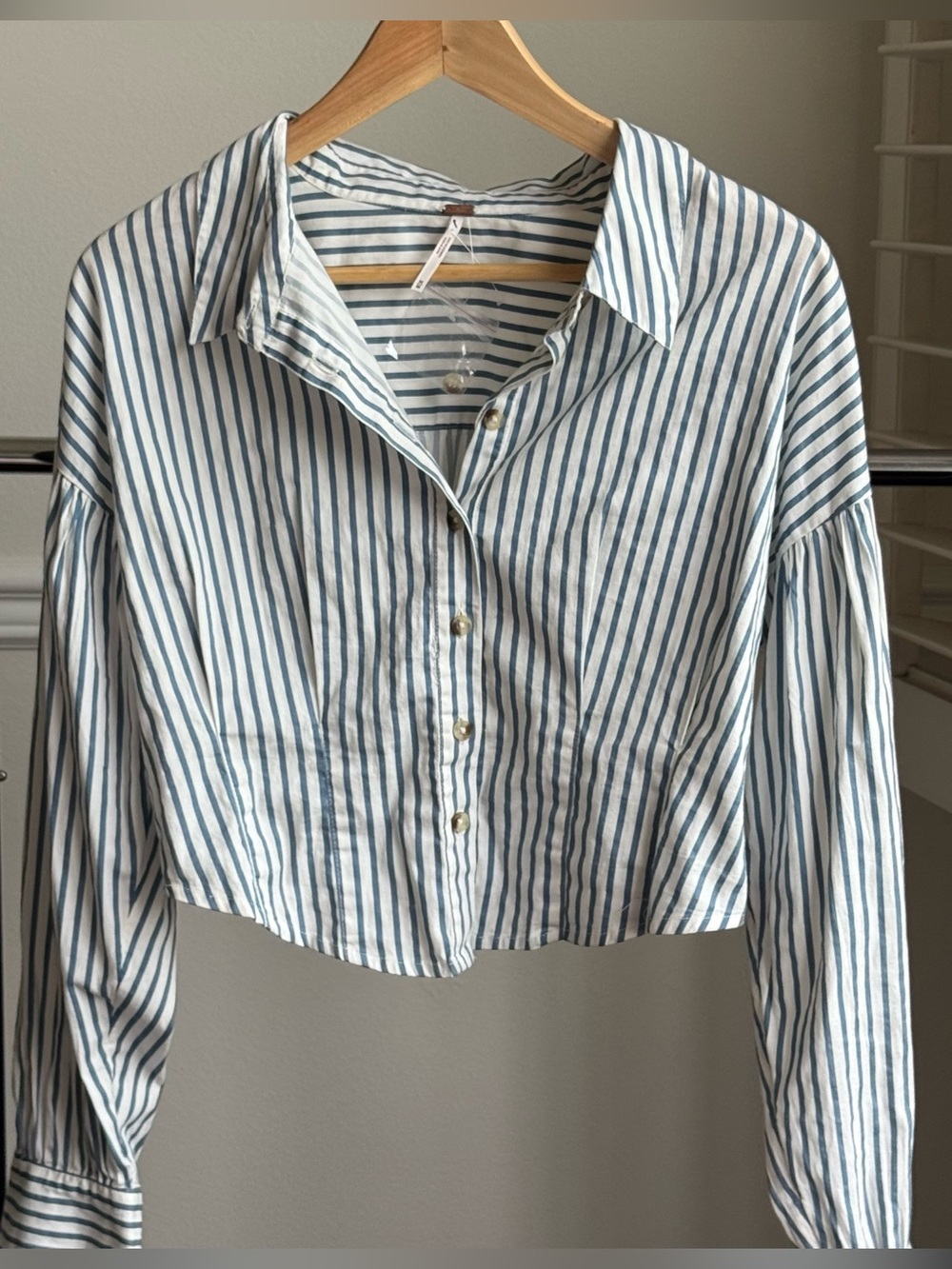 Free People Ophelia Corset Cropped Button-Down Shirt Blue & White Size M NWOT